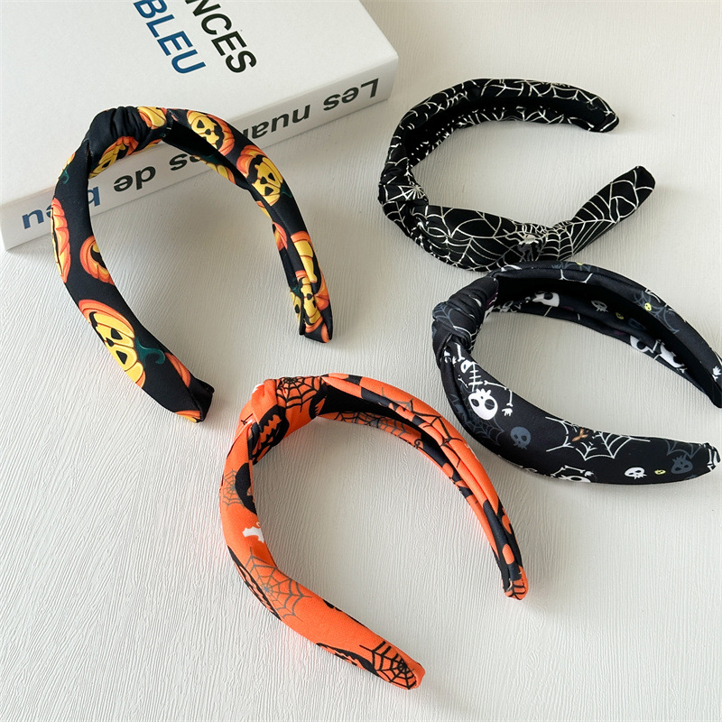 102g Weight Hair Band Hair Accessories Type 1 Piece Quantity Holiday, Festival Occasion Halloween Festival Pumpkin Pattern Women's Gender Handmade Design Classic Style Style Europe And America  New Halloween Headband Skull Pumpkin Fabric Knotted Headband Holiday Party Headdress In Stock 7