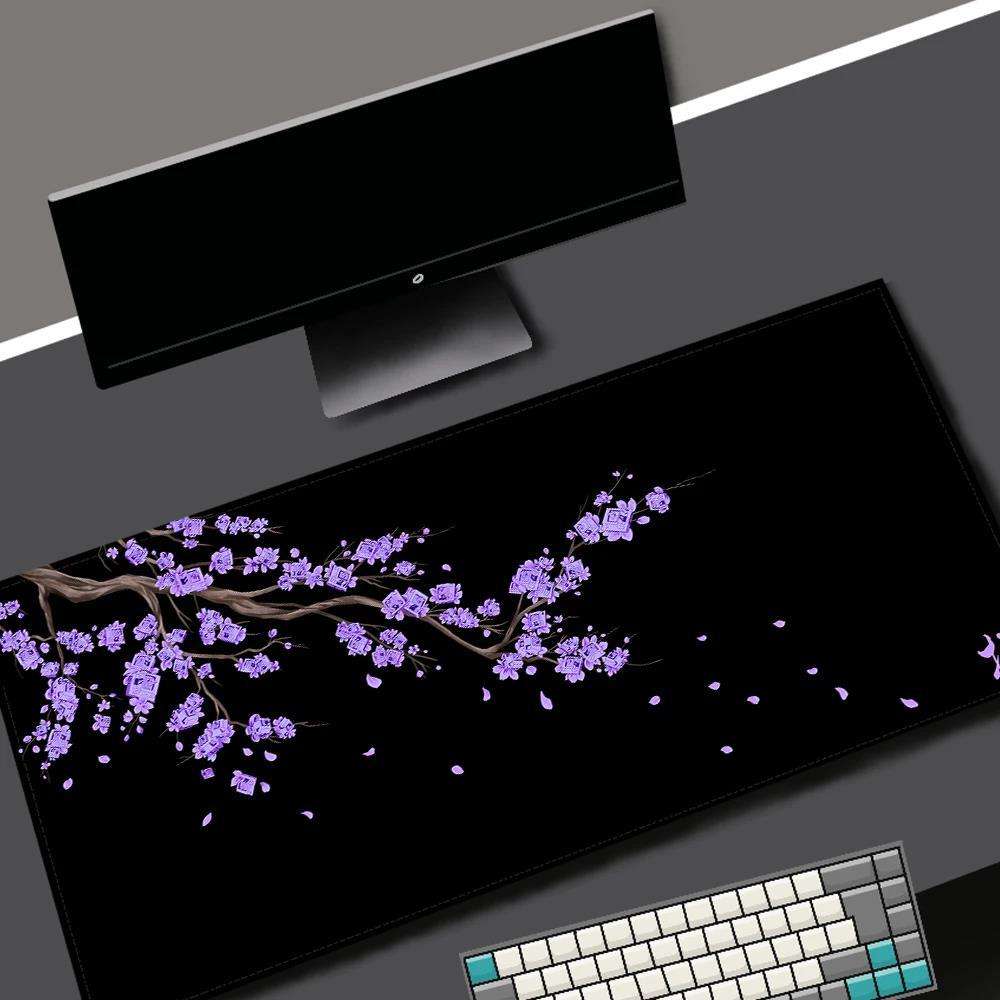 Kawaii Purple Desk Mat Black Sakura Gaming Mouse Pad Large