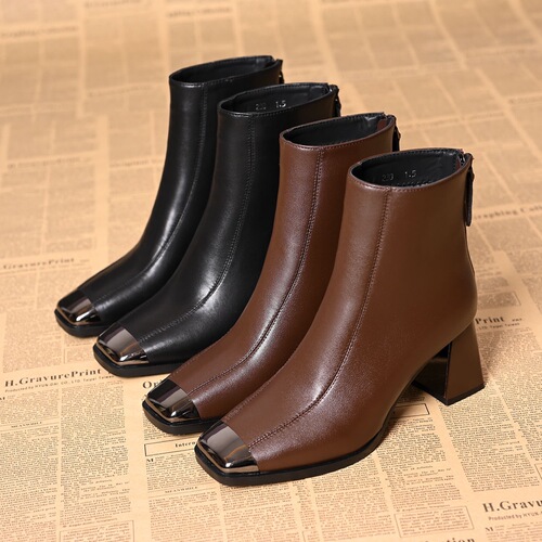 Women's Fall/Winter Square Heel High-Cut Short Boots, Thick Heel Genuine Leather Women's Shoes, Soft Leather Bare Boots, Mid-Cut Martin Boots