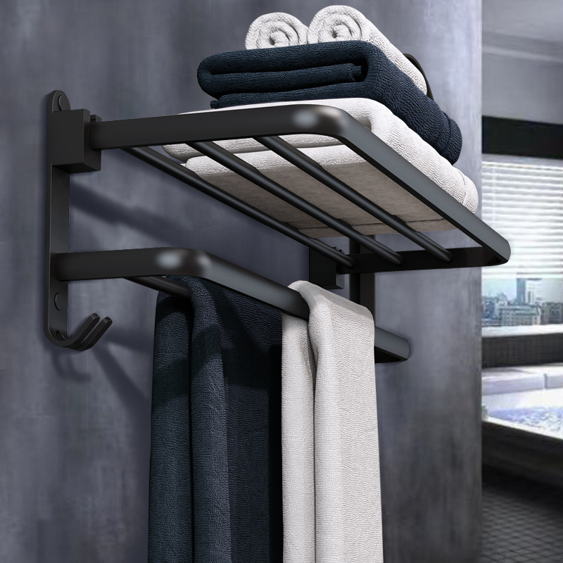 Bathroom Towel Rack Without Punching Space Aluminum Bathroom Storage Rack Black Double-Layer Towel Rack Hardware Pendant Set