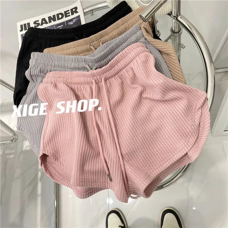 Casual Sports Shorts for Women with Small Twist Texture, Summer High-Waisted Slimming and Leg-Lengthening Versatile Pink Elastic Waist Hot Pants