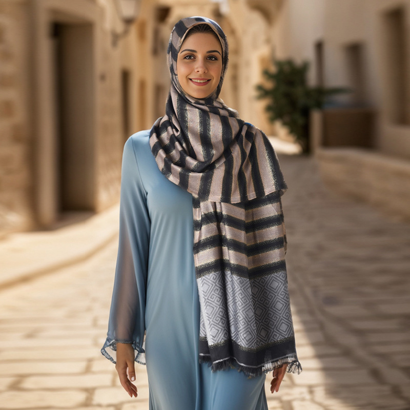 Baotou Scarf Women's Striped Silk Scarf Shawl High-end Feeling Middle Eastern European And American Striped Large Silk Scarf Square Scarf_voghion.com