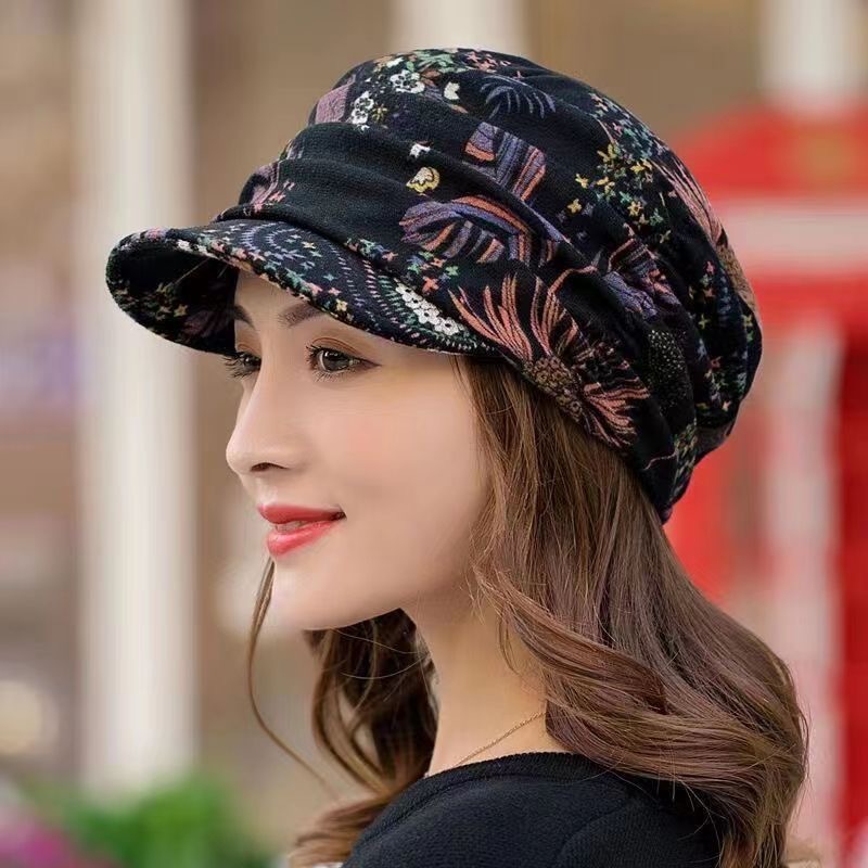 秋冬天加绒碎花朵帽子女韩版潮软帽檐鸭舌帽防寒保暖民族风布帽子|undefined