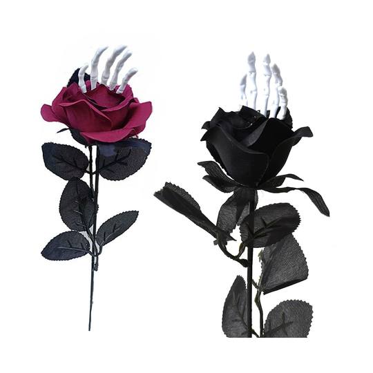 Cross-Border Popular Artificial Black and Red Rose Single Halloween Hand Bone Fake Flower Party Decoration Set Shooting Props