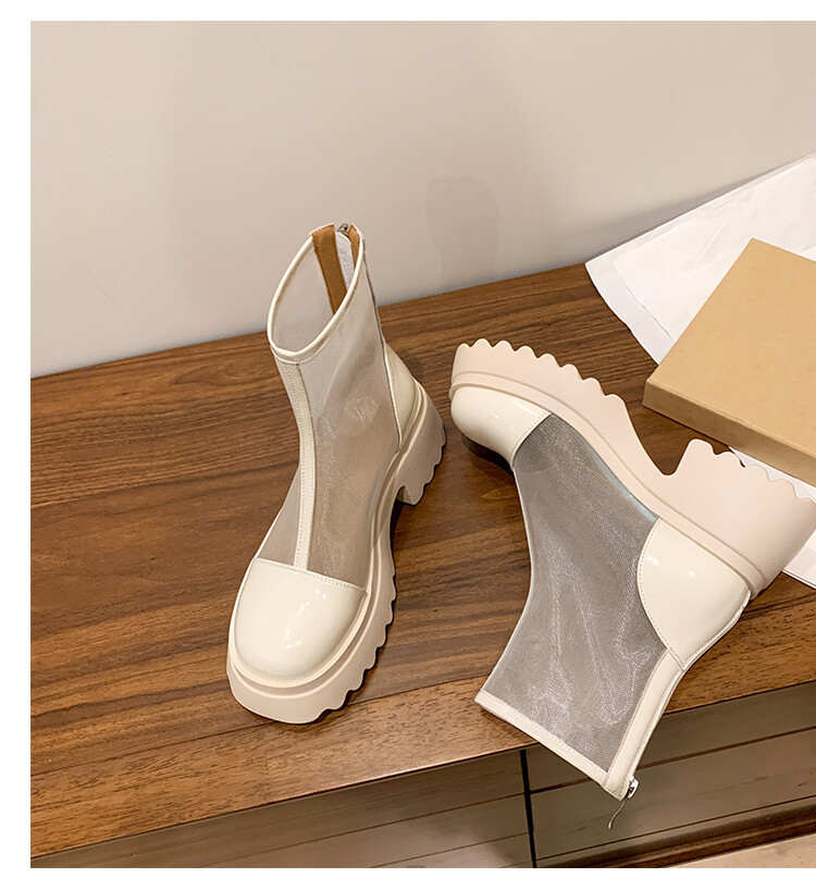 Boot ngắn nữ da thật vải lưới cao gót 6cm mùa hè phong cách Anh thoáng khí — Màu đen, Trắng be chi tiết 55