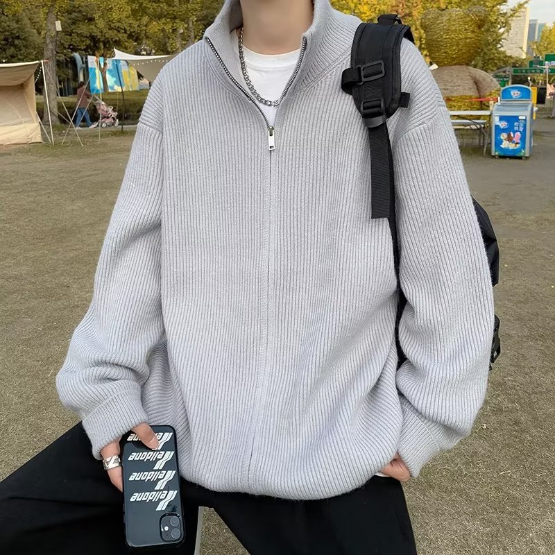 Chaqueta de punto de viento perezoso de la marca de moda para hombres, otoño e invierno, suéter de cuello alto perezoso de alta gama, chaqueta japonesa con cremallera