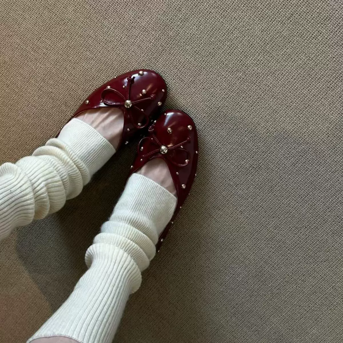 羊皮版~时尚简约浅口小单鞋蝴蝶结铆钉真皮平底女鞋一脚蹬豆豆鞋