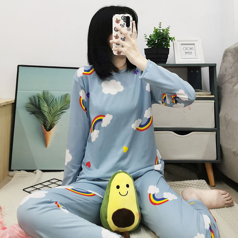 Fábrica al por mayor pijamas delgados de las mujeres moda dibujos animados cuello redondo manga larga pantalones pequeño estudiante homewear traje