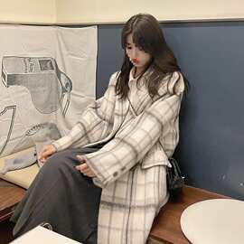 韩系时尚韩风大衣大学生气质感灰粉格子大衣小个子厚款冬季外套女