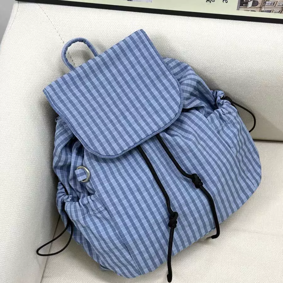 日韩新款双肩包大容量拼色格子抽绳学生书包小众设计旅游背包女