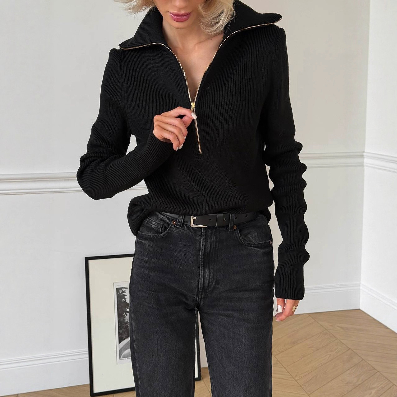 Early Fall Semi-Zip Sweater – Slim Fit Long Sleeve Pullover For Women (Minimalist Design, Cotton-Blend, Versatile Layering Piece)_voghion.com