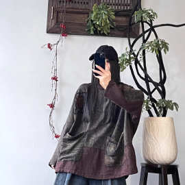 202夏文艺复古风棉拼接做旧炒色圆领连帽套头T恤休闲上衣女