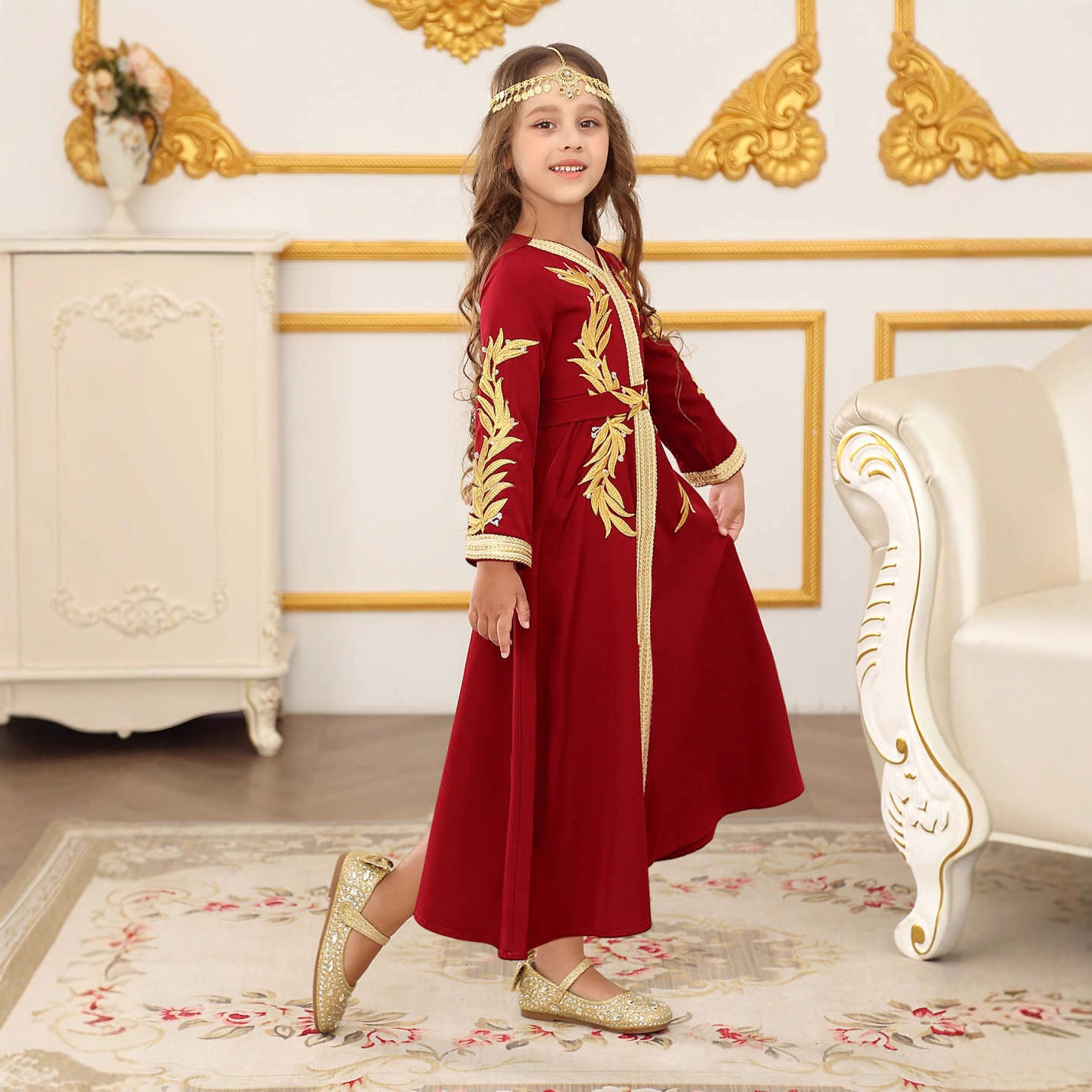 Girls Turkish Lace Trim Dress Solid Colour Childrens Robe_voghion.com