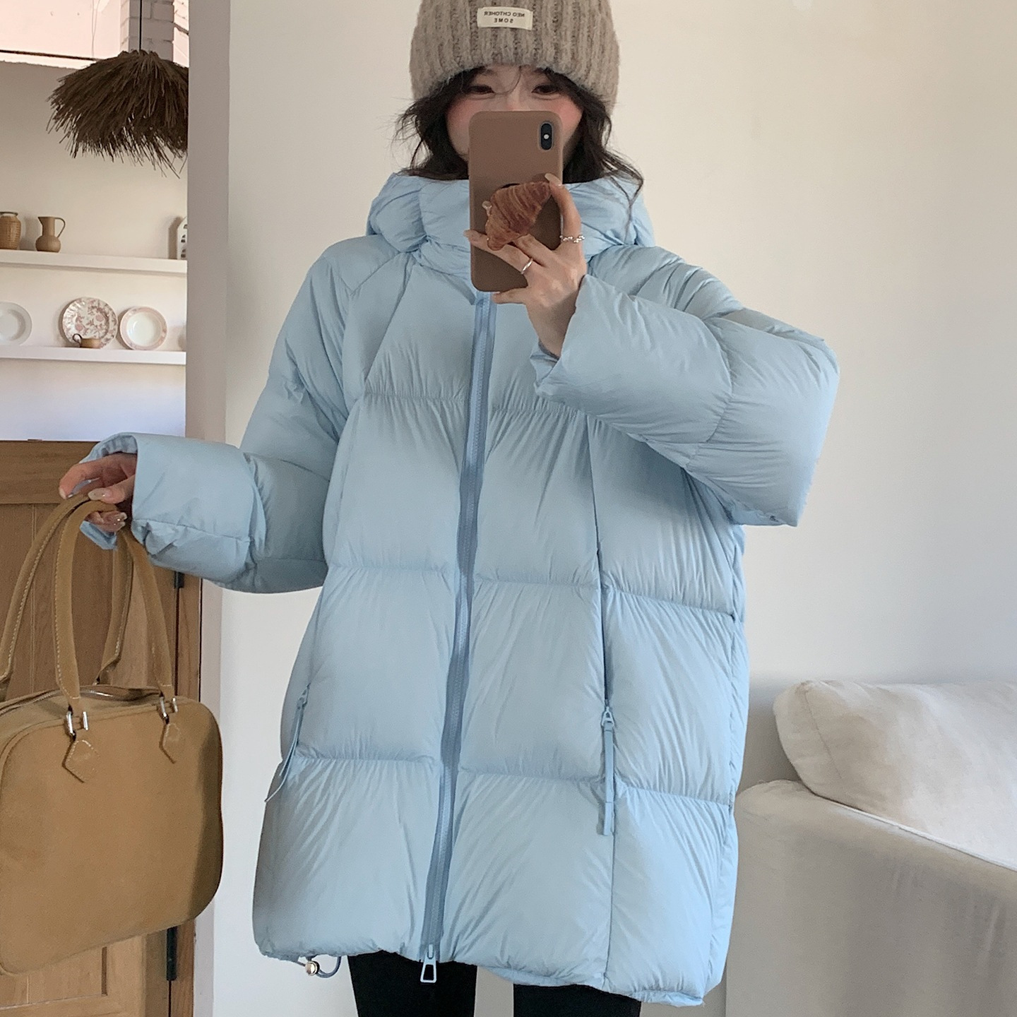 2025冬季新款泡芙羽绒服女中长款小个子白鸭绒加厚面包服连帽外套