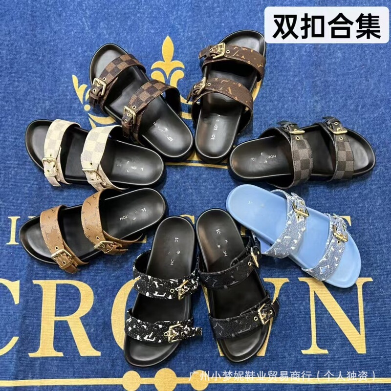 Foreign Trade L Brand Slippers High Version Monogram Rubber Metal Buckle Unisex Flat Slippers Wholesale Foreign Trade L Brand Slippers High Version Monogram Rubber Metal Buckle Unisex Flat Slippers Wholesale