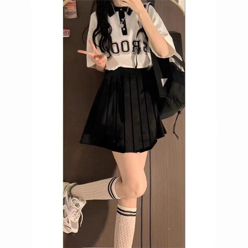 Vintage Summer American Collar Short-Sleeve Student Girl Splicing Top + Pleated Skirt Loose Youthful Set Fashion