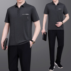 2022 Summer New Ice Silk Short-Sleeve Long Pants for Middle-Aged and Senior Men – Stylish, Casual, Plus-Size Dad-Style Outfit