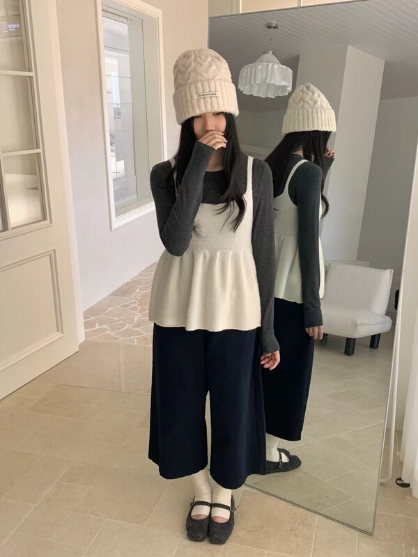 韩系秋甜美可爱纯色气质显瘦软糯背心%10羊毛慵懒风吊带无袖上衣|undefined