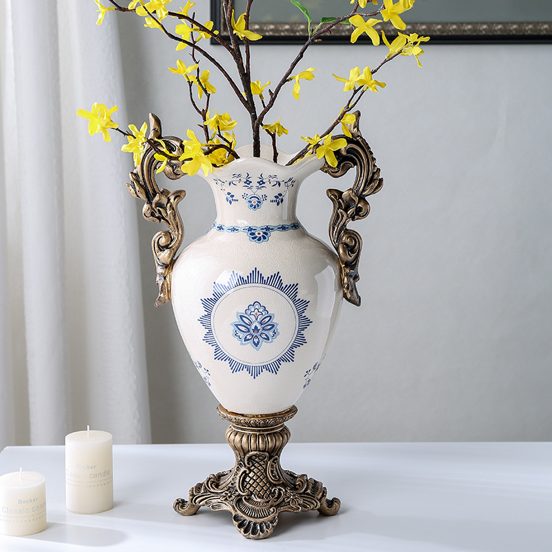 创意中古青花裂纹陶瓷花瓶工艺品美式家居软装摆件落地装饰花瓶|ru