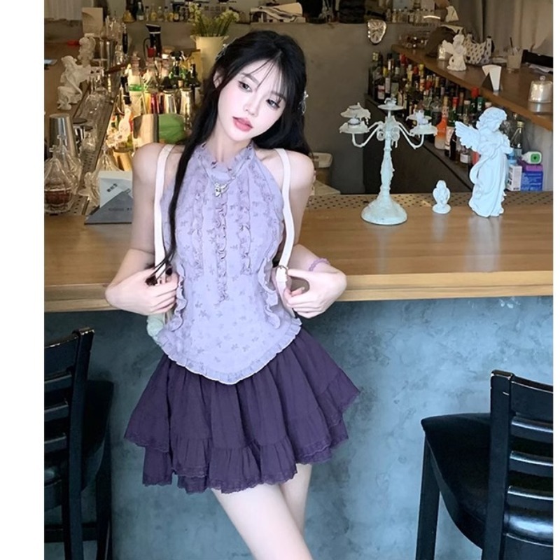 2025 작은 남자 순수한 욕망 발레 스타일 달콤하고 매운 소녀 스타일 민소매 목 탑 투투 스커트 투피스 세트 착용