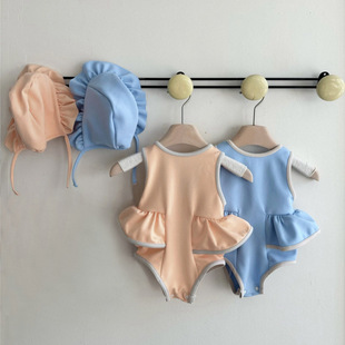 Baby Summer One-Piece Swimsuit for Baby Girl, Little Girl, Sleeveless Skirt Style Swimsuit with Hat
