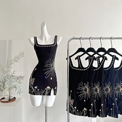 Temai 2025 レトロ刺繍サスペンダードレス女性のウエスト痩身スリットヒップカバーショートドレス女性のスリムフィット