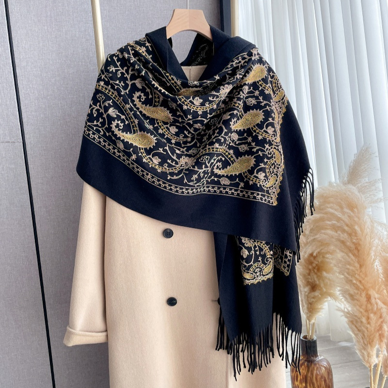 Embroidered Gold Hot Diamond Cashew Ethnic Style Shawl Autumn and Winter Thickened Imitation Cashmere Embroidered Scarf and Neck Scarf Dual-Use Retro Style