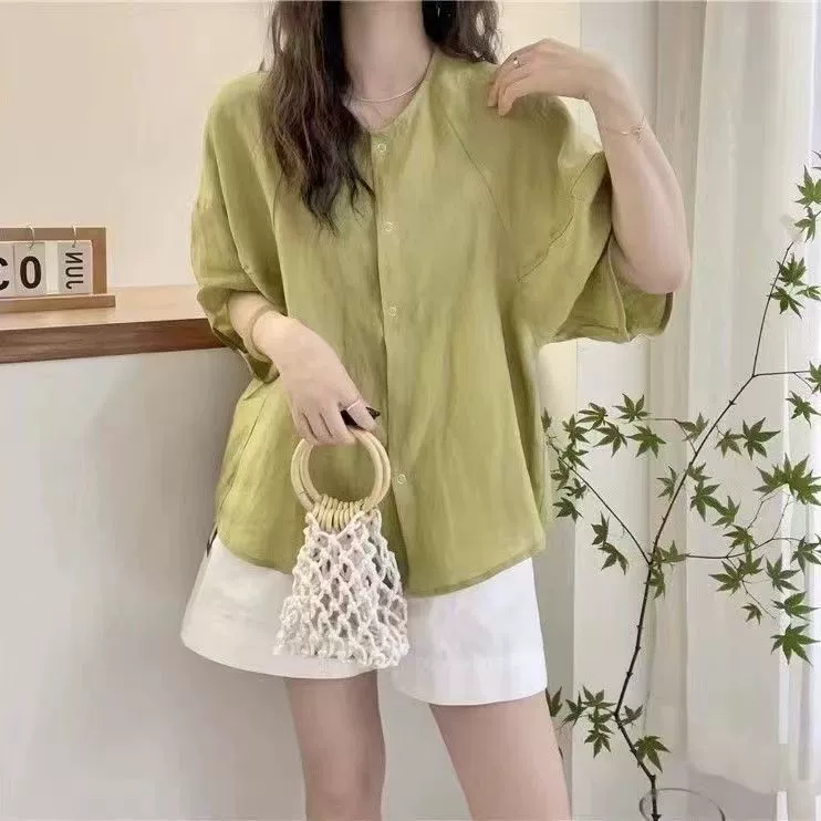 Ретро сорочка, цветная кофта для отдыха, хлопок и лен, оверсайз