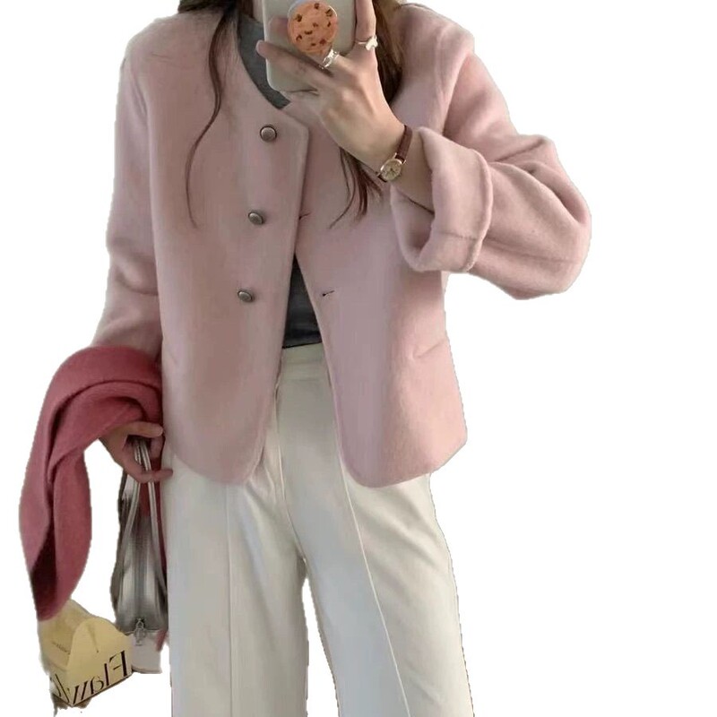 2025年新款小香风马卡龙色系羊绒大衣女短款气质韩版圆领时尚外套|undefined