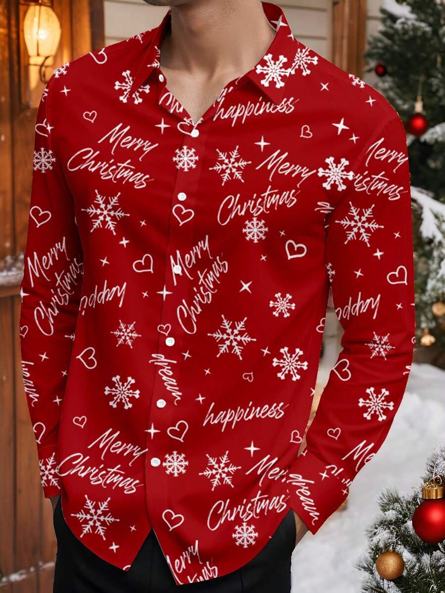 Romántico Navidad brillante copo de nieve 3D estampado hombre casual salvaje calle de manga larga solapa camisa con botones
