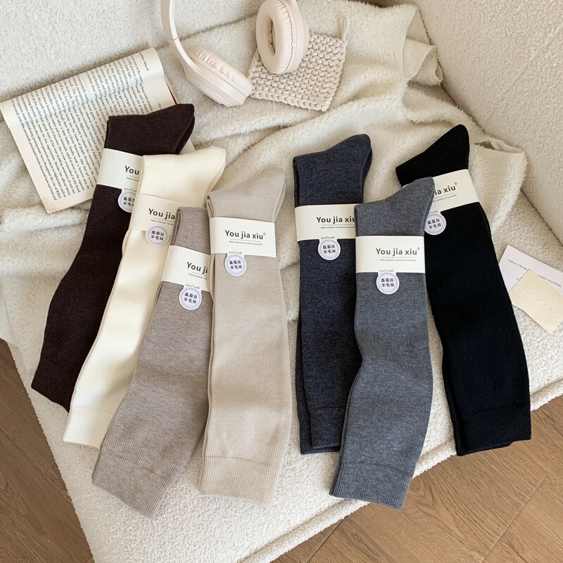 High-Quality Mulberry Silk Wool Calf Socks Autumn and Winter New Korean Style Pure Color Knee Socks Warm Long Tube Socks for Women