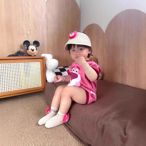 Summer Baby Loose Casual Short Sleeve Hoddie Infant Cotton Cute Strawberry Bear PJs Climbing Suit Korean Version