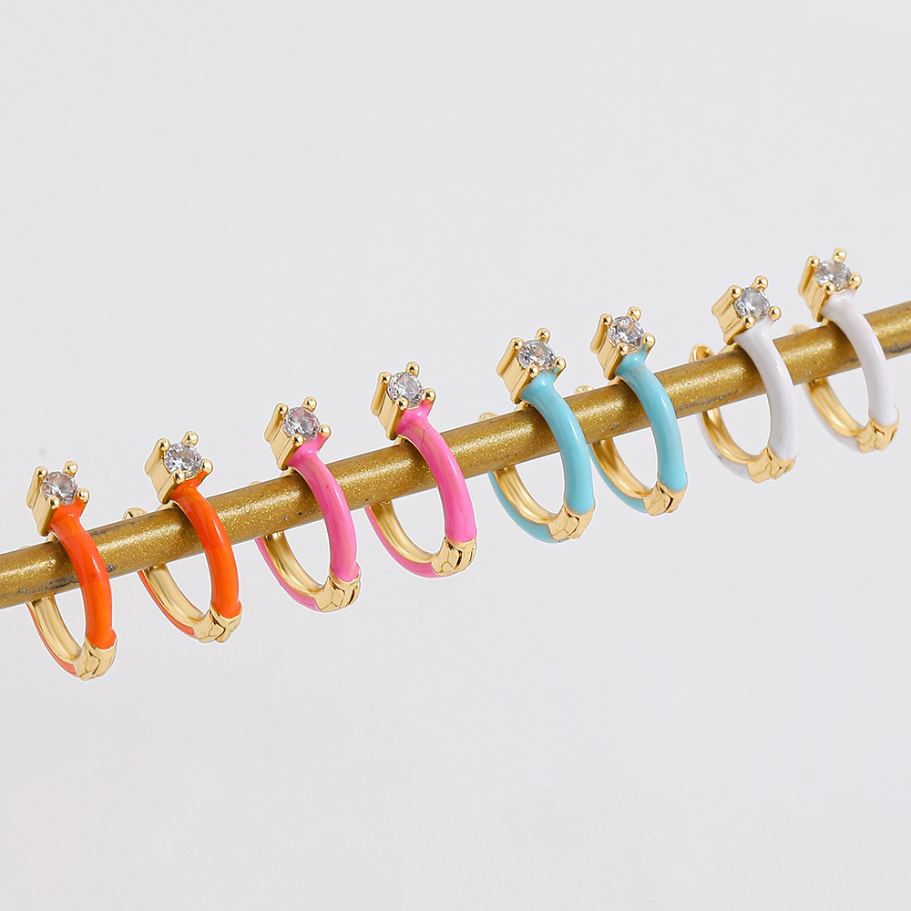 4g Weight Artificial Gemstones Inlay Material Earrings Classification Housewarming, Anniversary, Business, Wedding, Travel, Birthday, Festival Occasion Alloy Material Geometric Pattern Women'S Gender Stoving Varnish Design White, Purple, Blue, Yellow Color Geometric Stoving Varnish Alloy Artificial Gemstones Hoop Earrings 2