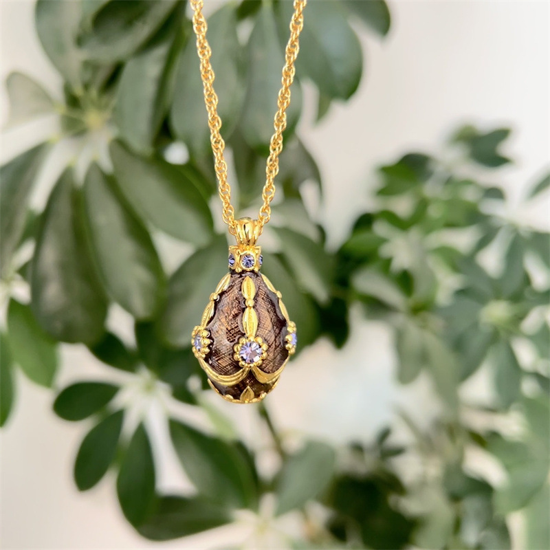 Vintage Russian Egg Necklace With Purple Enamel & Diamond Detail_voghion.com