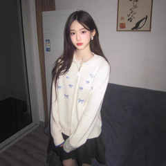 甜美拉链蝴蝶结刺绣针织开衫女春秋季慵懒风修身显瘦翻领毛衣外套