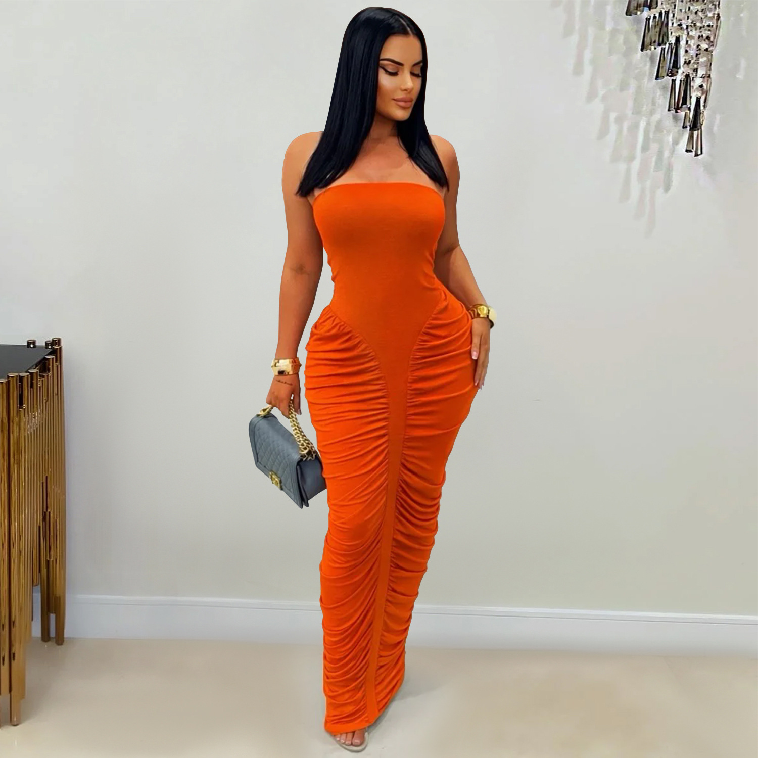 C7669 Aliexpress transfronterizo amazon ropa de moda europea y americana de mujer sexy con un pecho de color sólido con un vestido de broche image 5