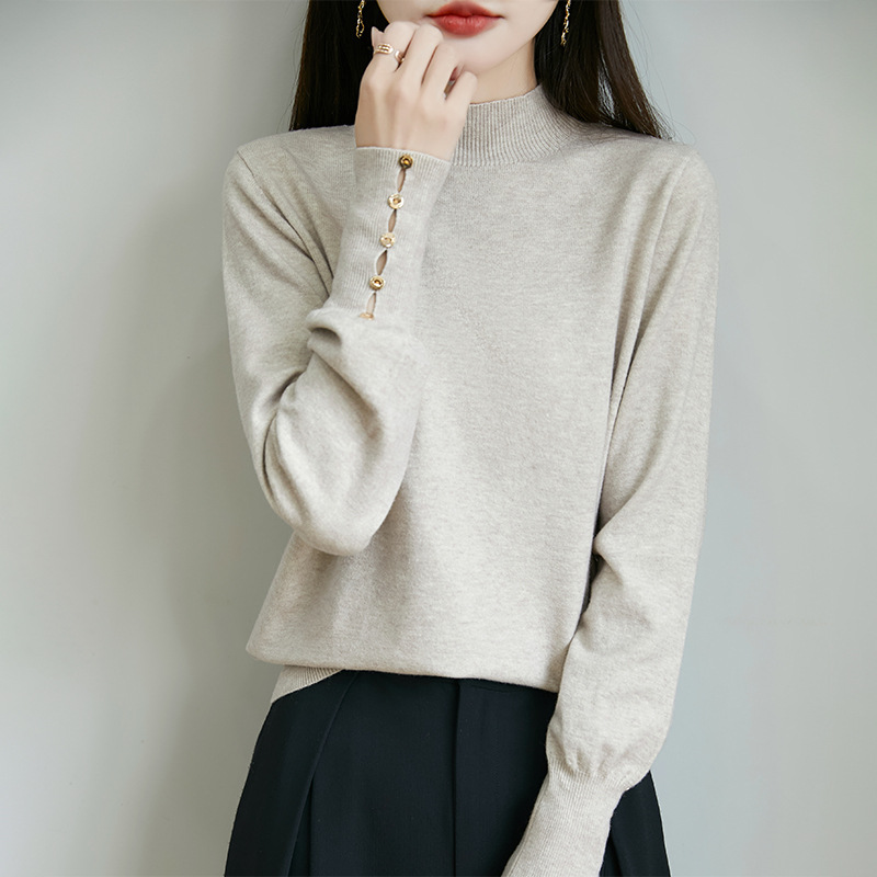 Autumn and Winter New Two-sided Wearing Knitted Lantern Sleeve Cashmere Silk Protein Skin-friendly Fleece Loose Half-high Collar Base Shirt