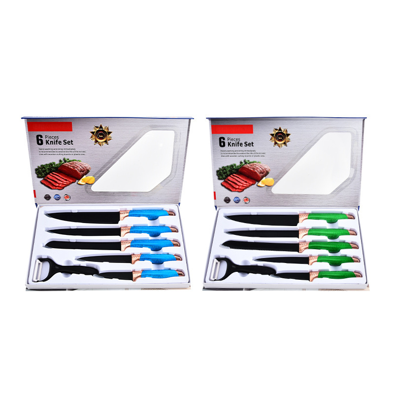 Venta caliente transfronteriza acero inoxidable doble cabezal de galvanoplastia caja de tapa cuchillo juego de 6 piezas de utensilios de cocina cuchillo de chef juego de cuchillo de fruta