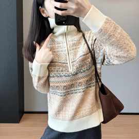 雅+优雅气质复古费尔岛提花半拉链粗针纯羊毛保暖毛衣25冬G120703