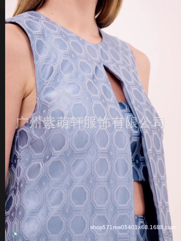 2025欧美跨境独立站新款女装高级感分体无袖开叉蓝色提花连衣裙|undefined