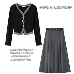 胖mm早秋女装一整套2025显瘦假两件开衫+百褶半身裙气质两件套潮