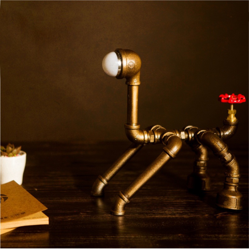 Creative Industrial Feng Shui Pipe Metal Table Lamp Puppy Shape Water Pipe Lamp LED Study Bedside Bedroom Decorative Lamp