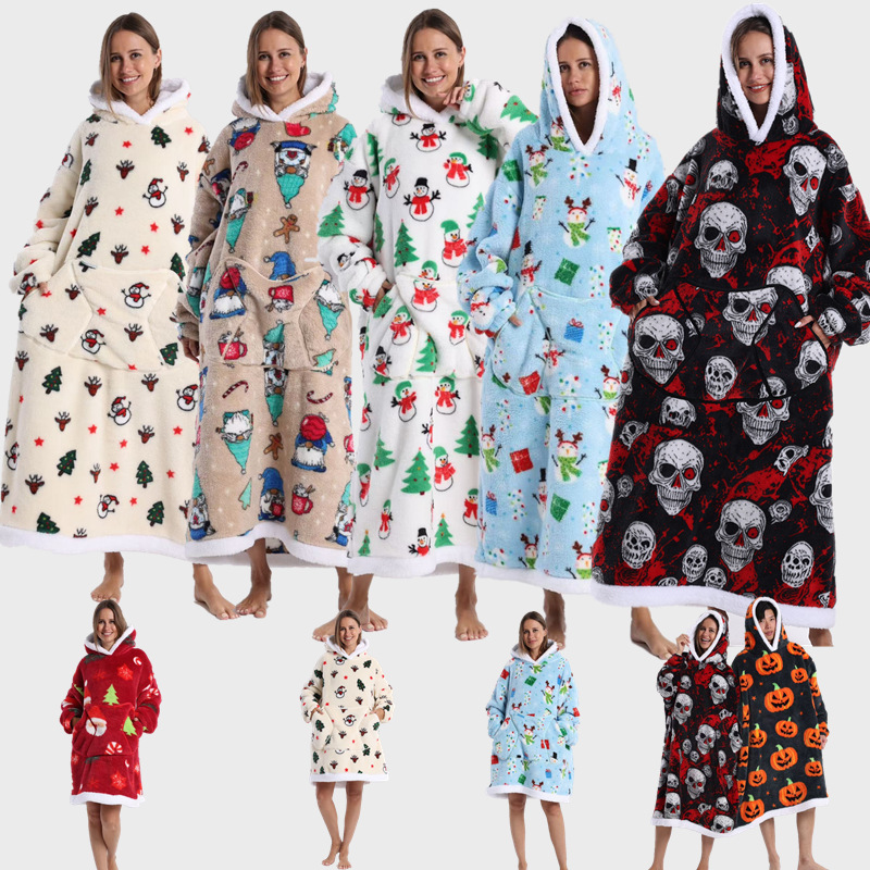 Temu generation hair winter clothing hoodie lazy TV blanket couples oversized super thick lamb velvet tk home pajamas cross-border