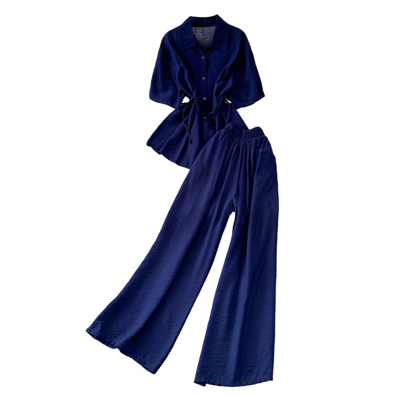 High-Waisted Slimming Collared Shirt with Side Ties And Wide Leg Trousers Women's Outfit Casual Style Set_ecoleips.com