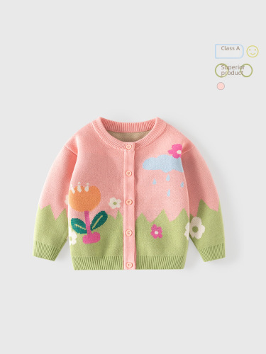 Pastoral-style embroidered girls' knitted cardigan, pure cotton A-class baby sweater, spring and autumn small floral girls' sweater cardigan