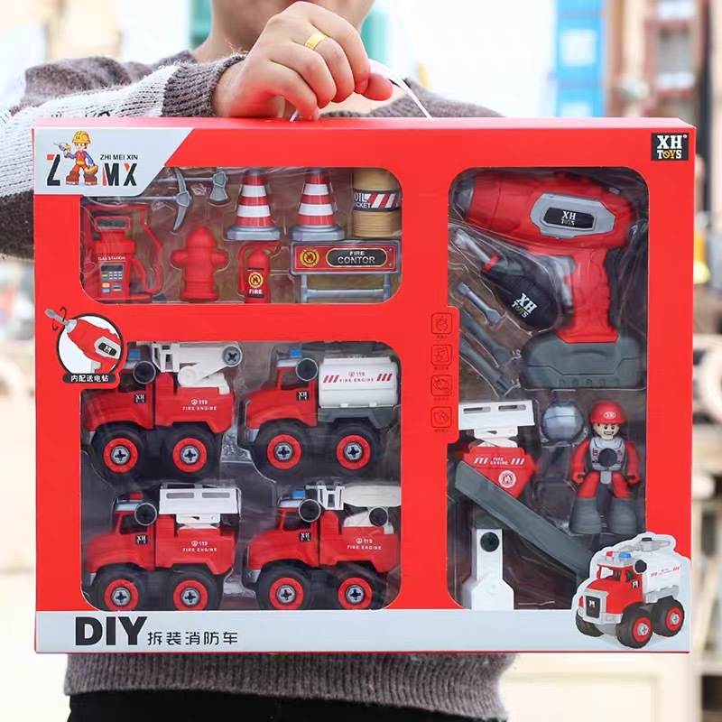 DIY Child Assembly and Disassembly Construction Truck Removable Toy Drill Unscrew Screws Assembly Fire Truck Set for Boys