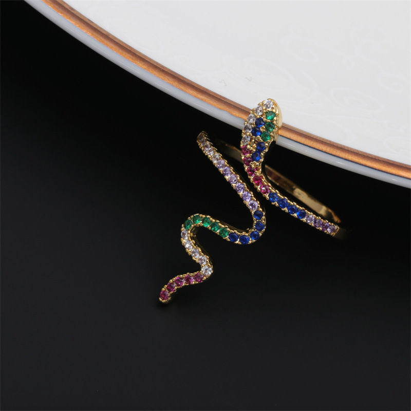 Fashion Colorful Oil Snake-shaped Open Green Zircon Copper Ring display picture 3