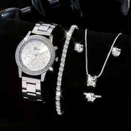爆款日内瓦假三眼手表 镶钻合金钢带手表女款geneva石英饰表套装