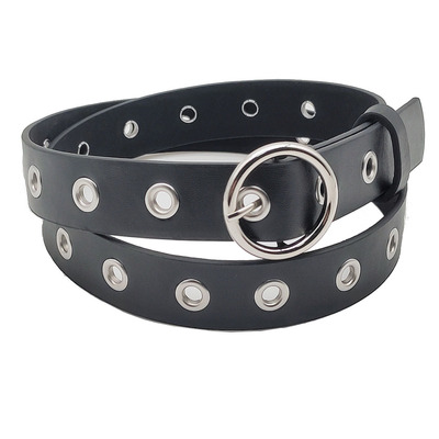 厂家跨境直供黑色PU汽眼腰带欧美时尚朋克风圆形针扣鸡眼皮带现货