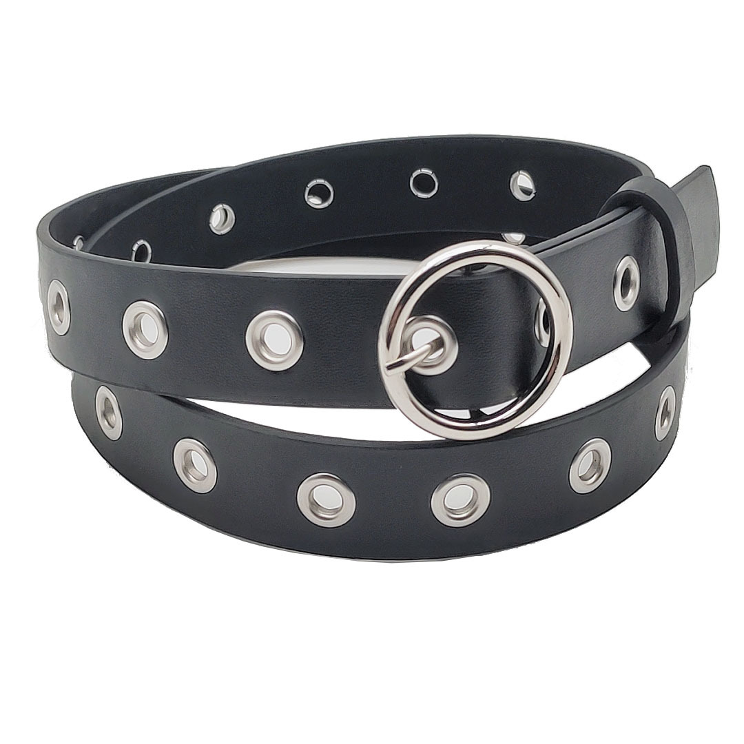厂家跨境直供黑色PU汽眼腰带欧美时尚朋克风圆形针扣鸡眼皮带现货